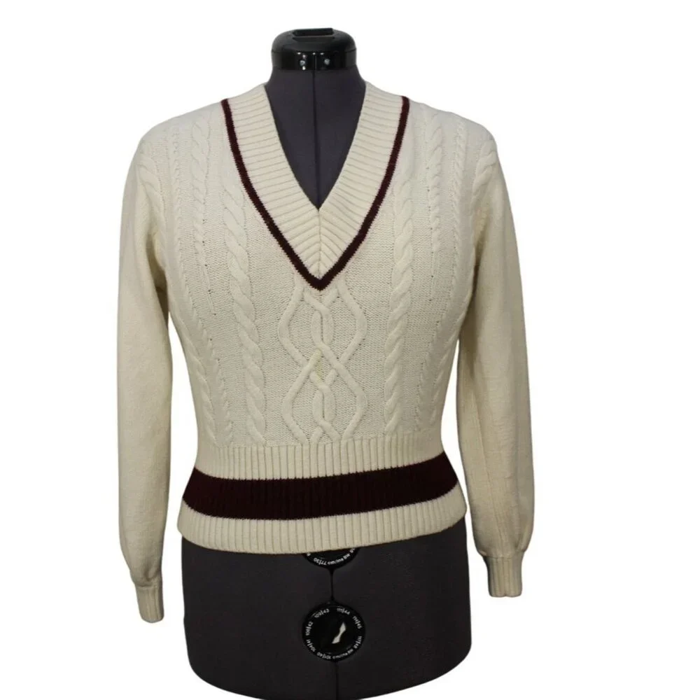 Claudie‎ Pierlot women's cable knit v-neck cricketer preppy pullover sweater 1